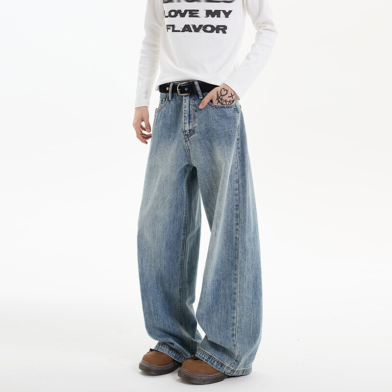 Meeste teksapüksid hip-hop teksad Klassikalised sinised pestud meeste teksad, sirged vabaaja meesterõivad, laia säärega püksid 2025, uus mood