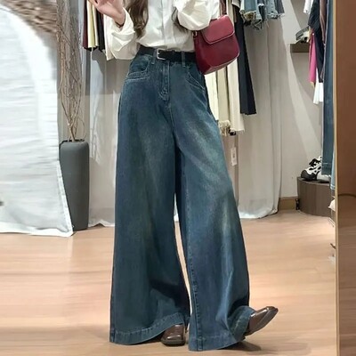 Lahtised laia säärega teksad Naiste pirnikujulised sääred paljastavad kõrge vöökohaga mitmekülgne disain Tundlik põrandapikkusega vintage