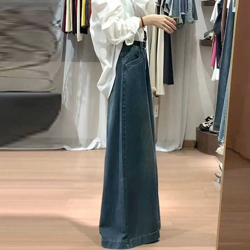 Lahtised laia säärega teksad Naiste pirnikujulised sääred paljastavad kõrge vöökohaga mitmekülgne disain Tundlik põrandapikkusega vintage