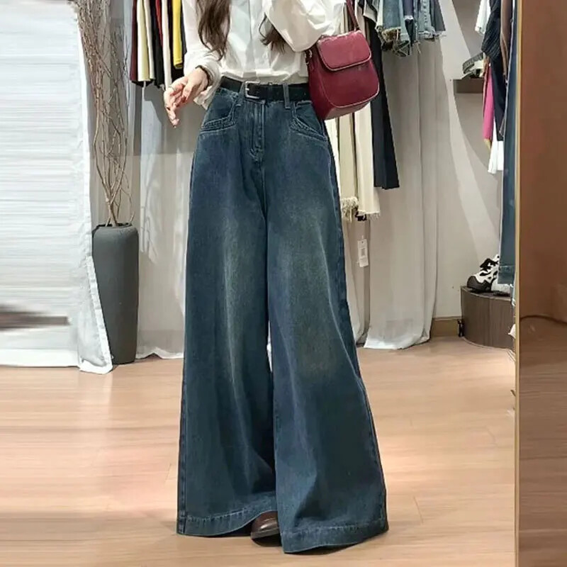 Lahtised laia säärega teksad Naiste pirnikujulised sääred paljastavad kõrge vöökohaga mitmekülgne disain Tundlik põrandapikkusega vintage