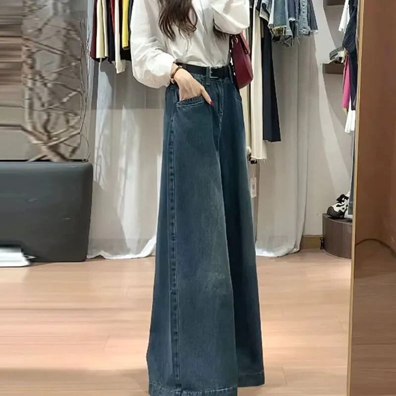 Lahtised laia säärega teksad Naiste pirnikujulised sääred paljastavad kõrge vöökohaga mitmekülgne disain Tundlik põrandapikkusega vintage