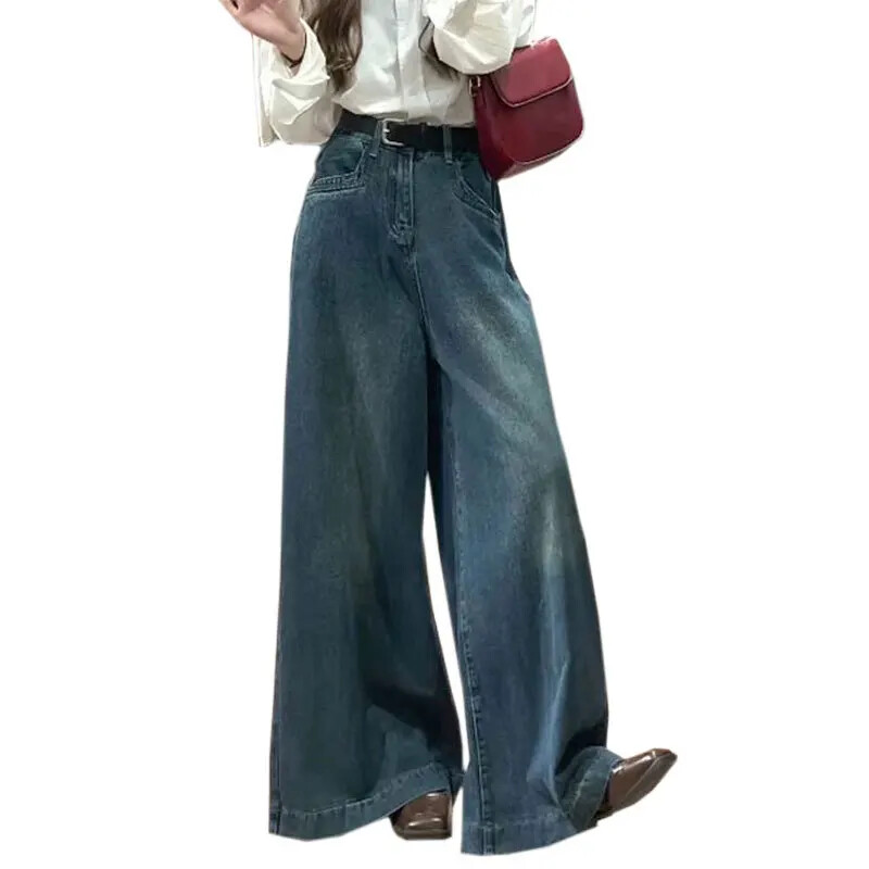 Lahtised laia säärega teksad Naiste pirnikujulised sääred paljastavad kõrge vöökohaga mitmekülgne disain Tundlik põrandapikkusega vintage