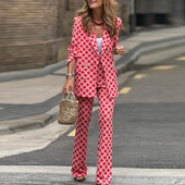 Naiste sügistalvine ruuduline ülikonna jope Naiste elegantne trükitud punase kontori kaheosaline komplekt nööbiga jakid ja sirged püksid Uus