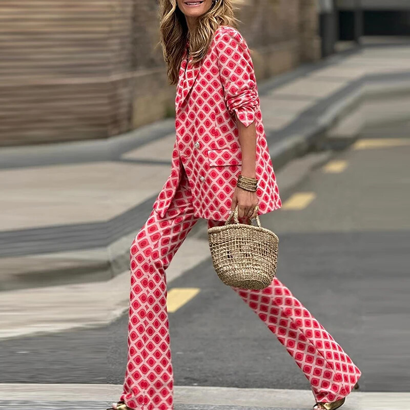 Naiste sügistalvine ruuduline ülikonna jope Naiste elegantne trükitud punase kontori kaheosaline komplekt nööbiga jakid ja sirged püksid Uus