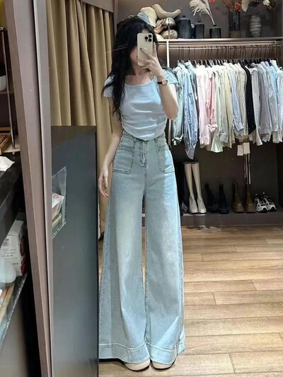 Kõrge vöökohaga laia säärega naiste teksad Kolmeteistkümnerealised sügavsinised tundlikud püksid, 2024. aasta suvi, uus disain