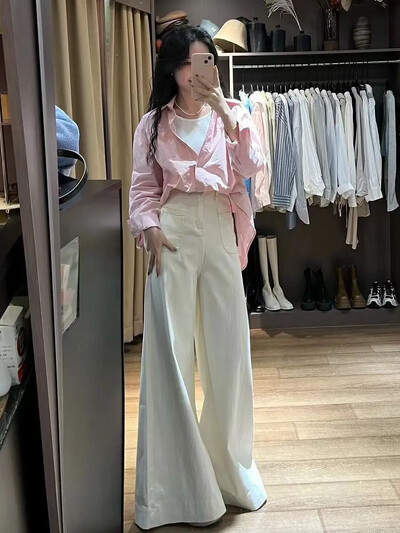 Kõrge vöökohaga laia säärega naiste teksad Kolmeteistkümnerealised sügavsinised tundlikud püksid, 2024. aasta suvi, uus disain