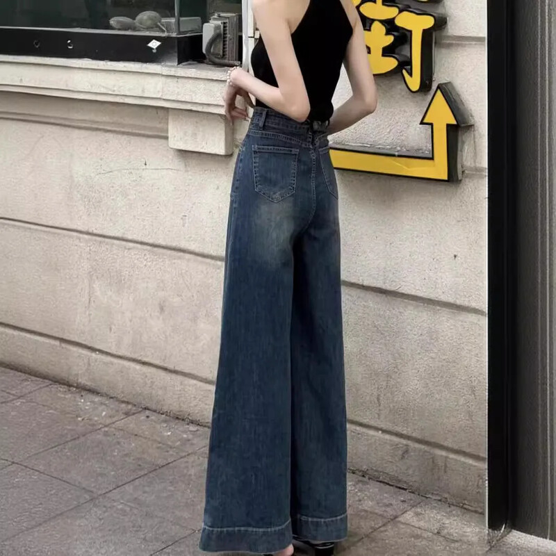 Kõrge vöökohaga laia säärega naiste teksad Kolmeteistkümnerealised sügavsinised tundlikud püksid, 2024. aasta suvi, uus disain