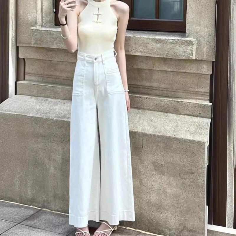 Kõrge vöökohaga laia säärega naiste teksad Kolmeteistkümnerealised sügavsinised tundlikud püksid, 2024. aasta suvi, uus disain