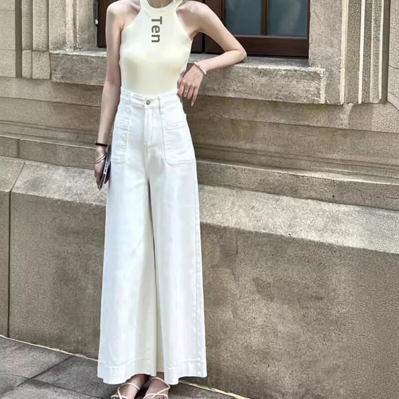 Kõrge vöökohaga laia säärega naiste teksad Kolmeteistkümnerealised sügavsinised tundlikud püksid, 2024. aasta suvi, uus disain