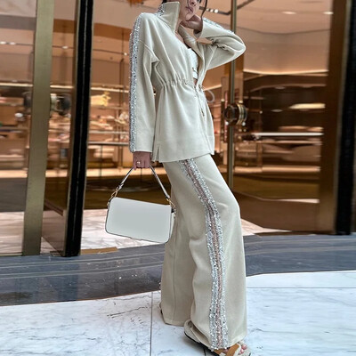 Vintage litritega ühevärviline pikkade varrukatega nööriga ülaosa ja laiade sääredega pükste ülikond 2025 Uus elegantne läikiv daam šikk kontorisügiskomplekt