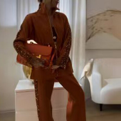 Vintage litritega ühevärviline pikkade varrukatega nööriga ülaosa ja laiade sääredega pükste ülikond 2025 Uus elegantne läikiv daam šikk kontorisügiskomplekt