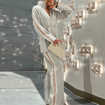 Vintage litritega ühevärviline pikkade varrukatega nööriga ülaosa ja laiade sääredega pükste ülikond 2025 Uus elegantne läikiv daam šikk kontorisügiskomplekt