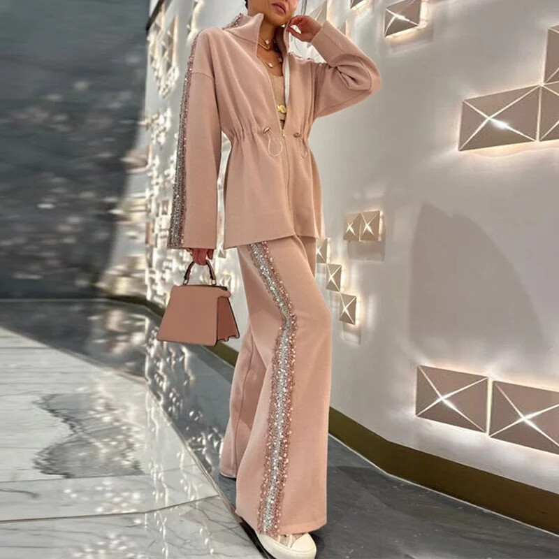 Vintage litritega ühevärviline pikkade varrukatega nööriga ülaosa ja laiade sääredega pükste ülikond 2025 Uus elegantne läikiv daam šikk kontorisügiskomplekt