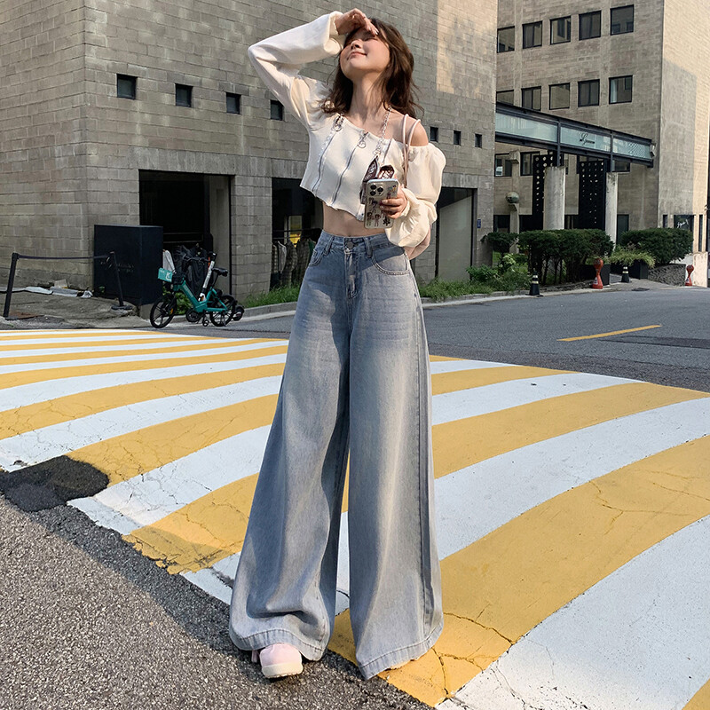 ZMAYC naiste uued Ameerika High Street Vibe`i laia säärega teksad Kõrge vöökohaga salendavad laia säärega pikad püksid Mood Streetwear püksid