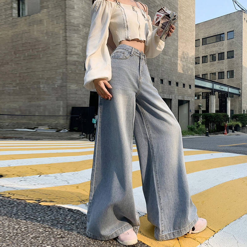 ZMAYC naiste uued Ameerika High Street Vibe`i laia säärega teksad Kõrge vöökohaga salendavad laia säärega pikad püksid Mood Streetwear püksid