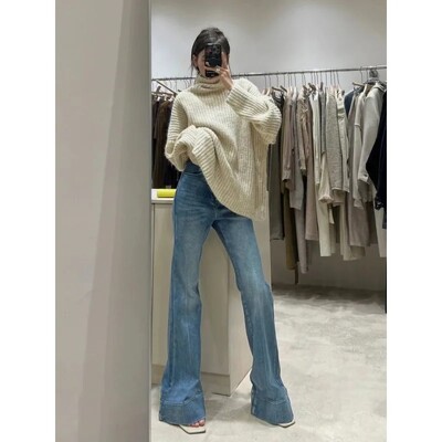 Kõrge vöökohaga sirge säärega salendavad teksad naiste lahtise kujuga disain, tundlik kevadsügis 2024, uus saabumine, maandatud hobusejalg