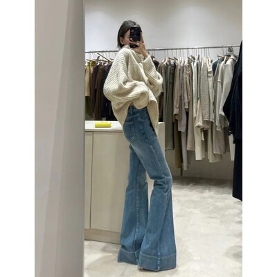 Kõrge vöökohaga sirge säärega salendavad teksad naiste lahtise kujuga disain, tundlik kevadsügis 2024, uus saabumine, maandatud hobusejalg