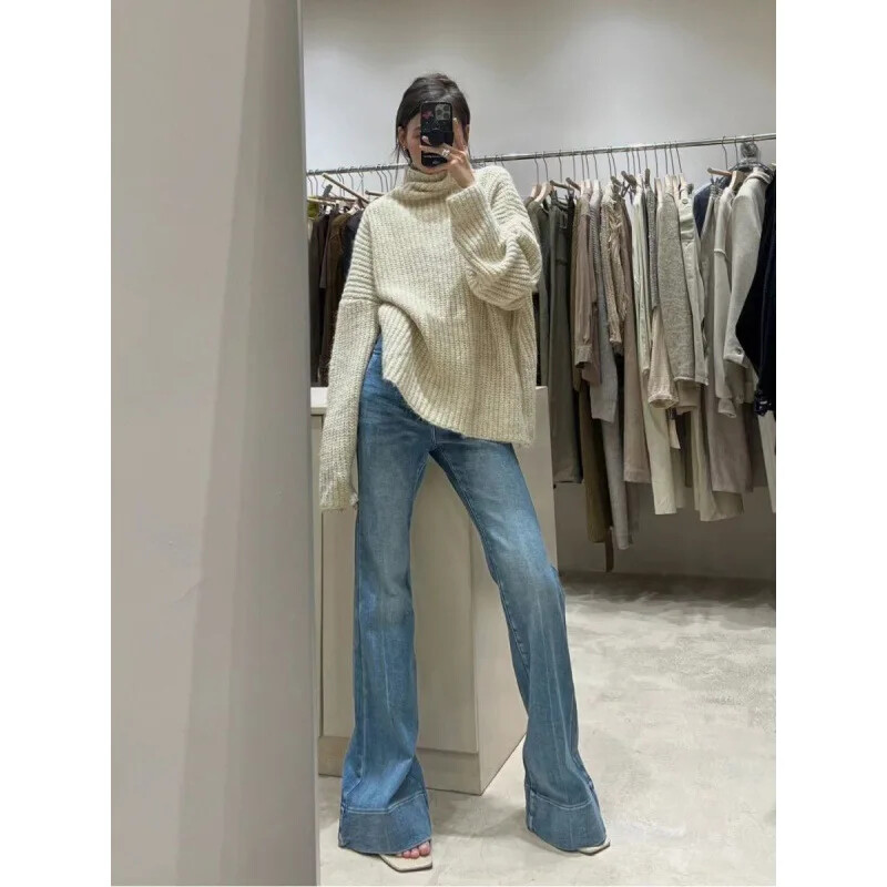 Kõrge vöökohaga sirge säärega salendavad teksad naiste lahtise kujuga disain, tundlik kevadsügis 2024, uus saabumine, maandatud hobusejalg