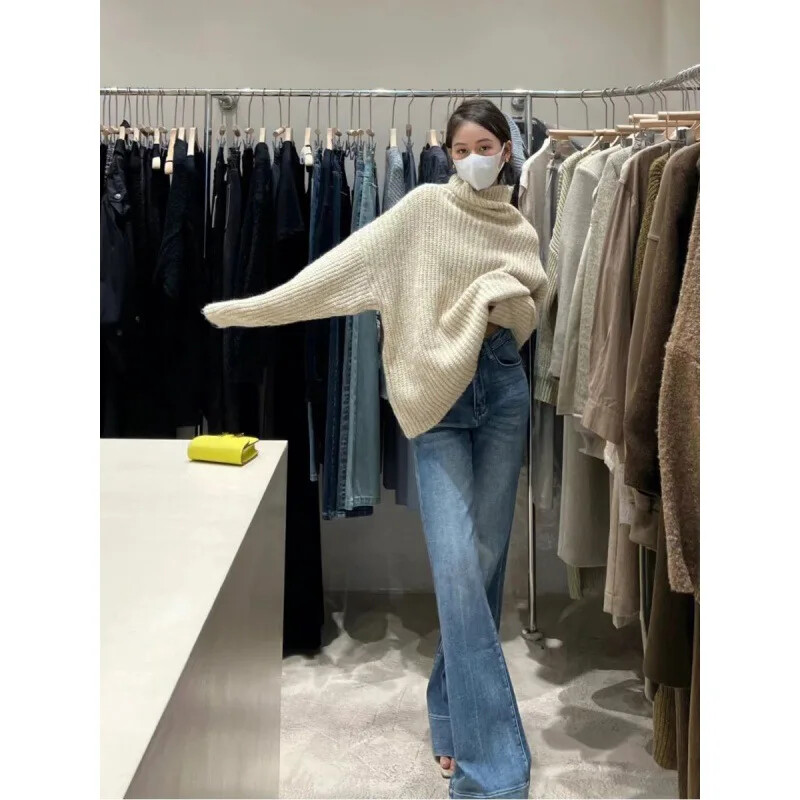 Kõrge vöökohaga sirge säärega salendavad teksad naiste lahtise kujuga disain, tundlik kevadsügis 2024, uus saabumine, maandatud hobusejalg