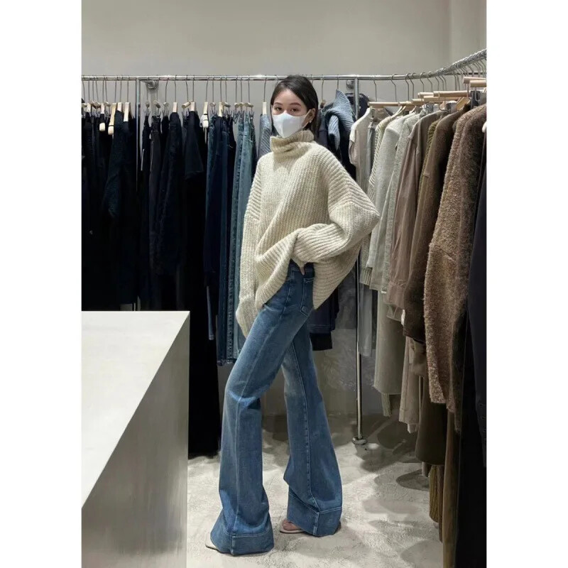 Kõrge vöökohaga sirge säärega salendavad teksad naiste lahtise kujuga disain, tundlik kevadsügis 2024, uus saabumine, maandatud hobusejalg