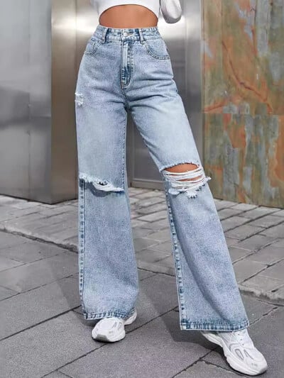 Blugi din denim Pantaloni pentru femei Pantaloni lungi cu picioare late Pantaloni largi cu talie înaltă, cu nasturi Y2k, Pantaloni drepti, cu găuri, temperament.