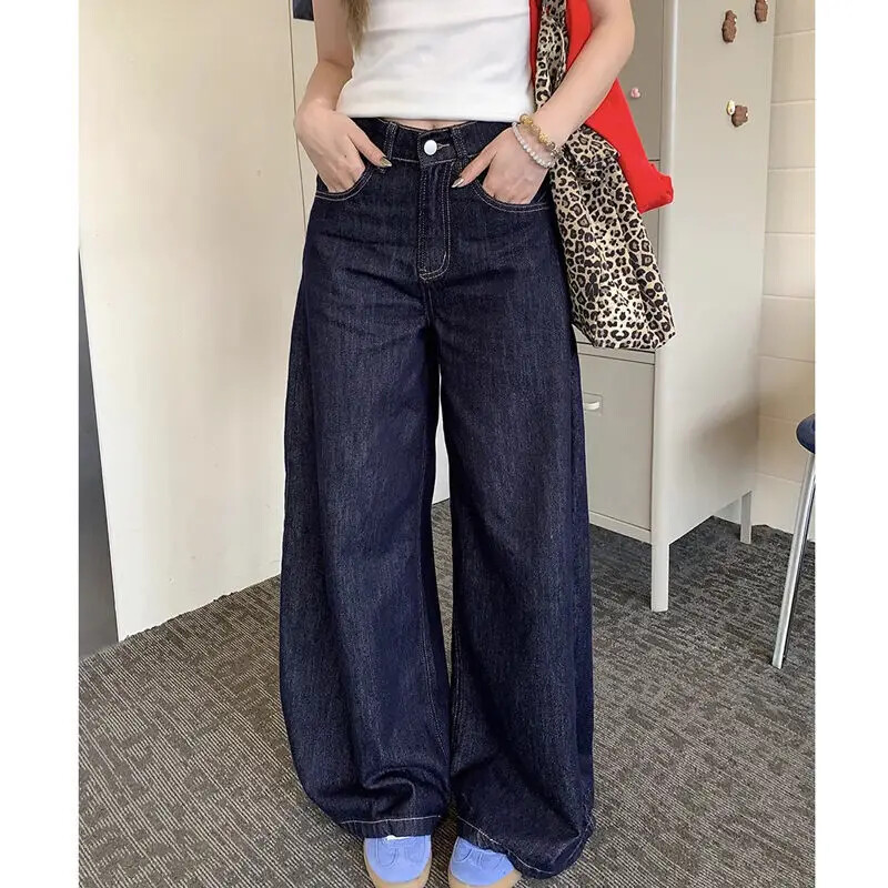 2024. aasta uued vintage sirge säärega väikesed sügavsinised teksad, kõrge vöökohaga salendavad püksid, trendikad naiste püksid