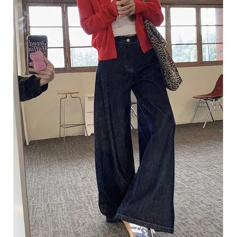 2024. aasta uued vintage sirge säärega väikesed sügavsinised teksad, kõrge vöökohaga salendavad püksid, trendikad naiste püksid