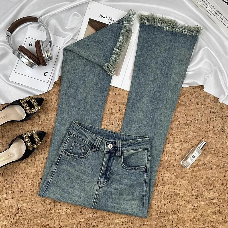 2024. aasta uue stiili salendavad vintage hobuste säärised teksad Naiste suvised õhukese osa narmastega mikro laienenud teksapüksid