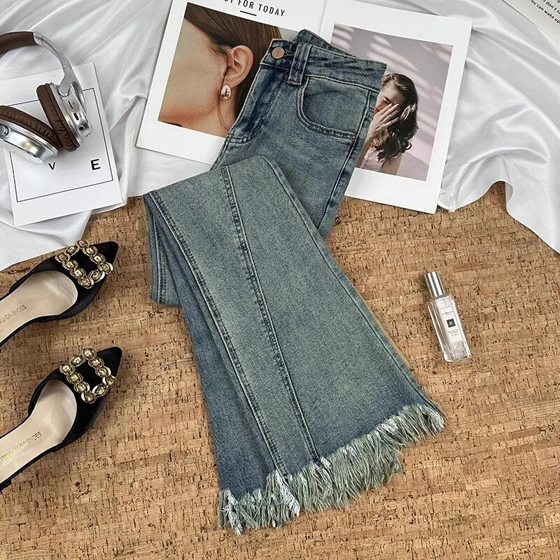 2024. aasta uue stiili salendavad vintage hobuste säärised teksad Naiste suvised õhukese osa narmastega mikro laienenud teksapüksid