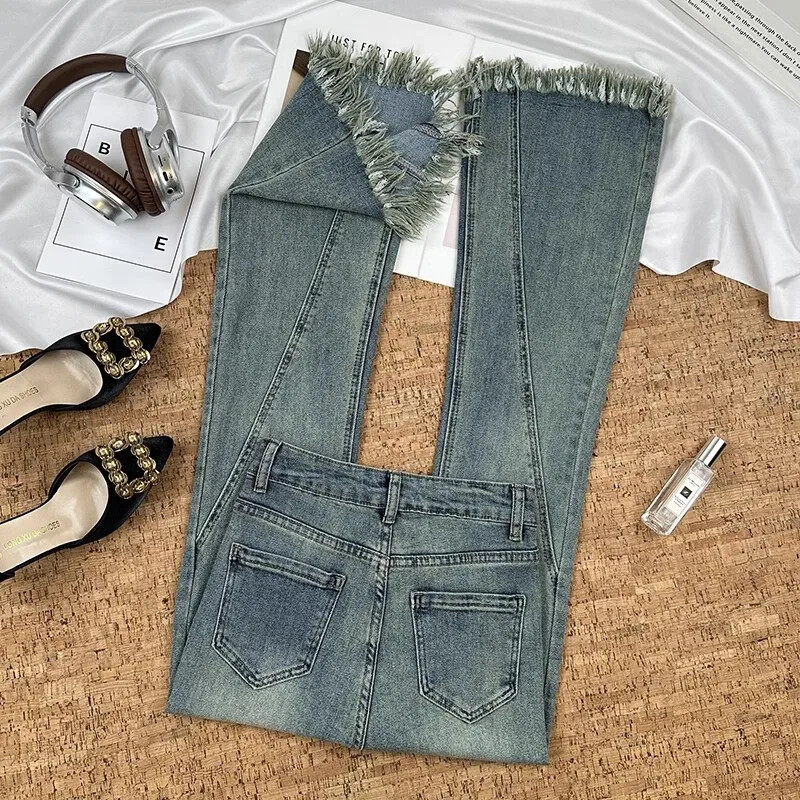 2024. aasta uue stiili salendavad vintage hobuste säärised teksad Naiste suvised õhukese osa narmastega mikro laienenud teksapüksid