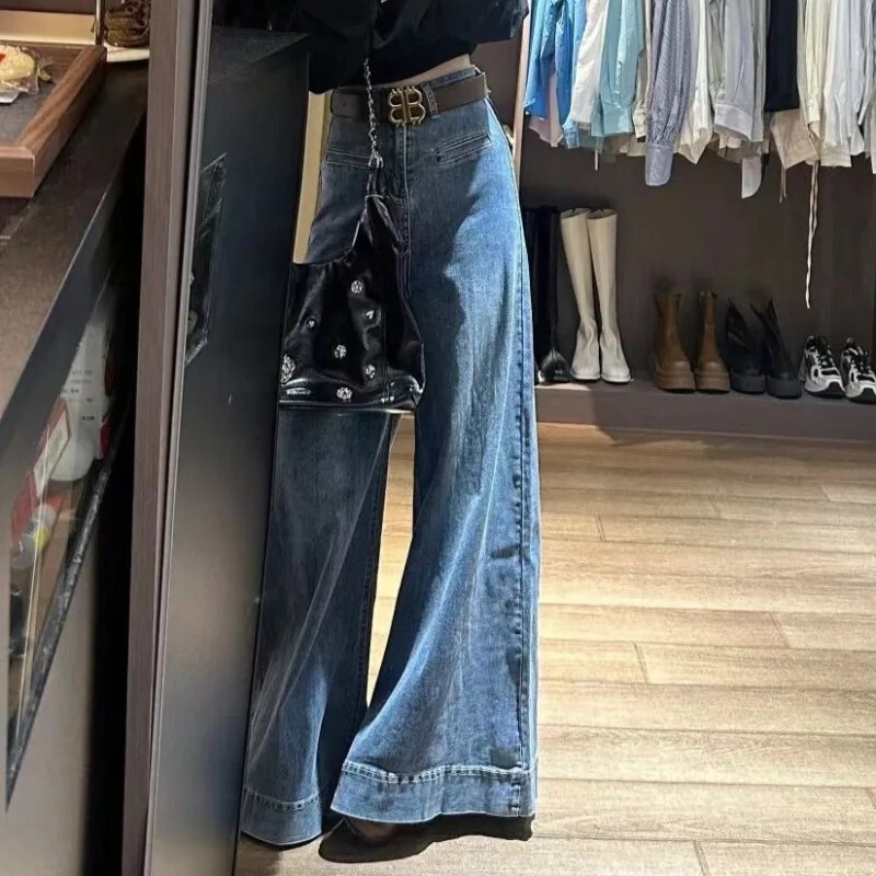 Retrosinised laia säärega teksad, naiste kõrge vöökohaga teksapüksid, peenikesed riided, vaba aja veetmiseks sobivad Ameerika stiilis elegantsed naised kontoris