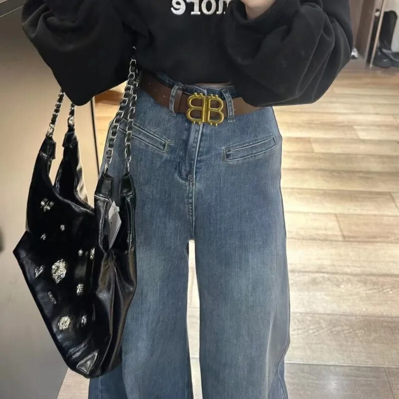 Retrosinised laia säärega teksad, naiste kõrge vöökohaga teksapüksid, peenikesed riided, vaba aja veetmiseks sobivad Ameerika stiilis elegantsed naised kontoris