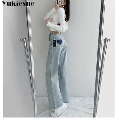 2022 noi blugi cu picioare late femei Love patch Vintage Harajuku pantaloni largi casual denim pantaloni de primăvară cu talie înaltă pentru femei