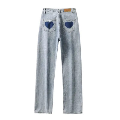 2022. aasta uued laia säärega teksad naiste armastuse plaaster Vintage Harajuku lahtised vabaaja teksapüksid Spring Street kõrge vöökohaga naiste püksid