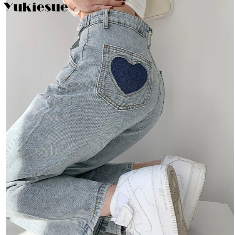 2022. aasta uued laia säärega teksad naiste armastuse plaaster Vintage Harajuku lahtised vabaaja teksapüksid Spring Street kõrge vöökohaga naiste püksid