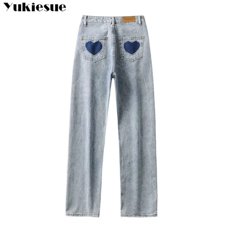 2022. aasta uued laia säärega teksad naiste armastuse plaaster Vintage Harajuku lahtised vabaaja teksapüksid Spring Street kõrge vöökohaga naiste püksid