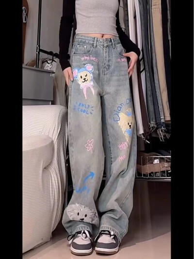 Trendikas Dog Doodle Printing Teksad Naiste avarad sirge säärega laia säärega püksid Originaalne rahvuslik stiil Tundlikkus