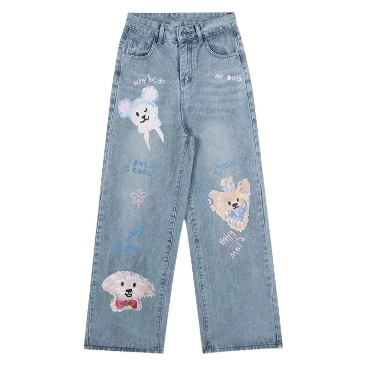 Trendikas Dog Doodle Printing Teksad Naiste avarad sirge säärega laia säärega püksid Originaalne rahvuslik stiil Tundlikkus