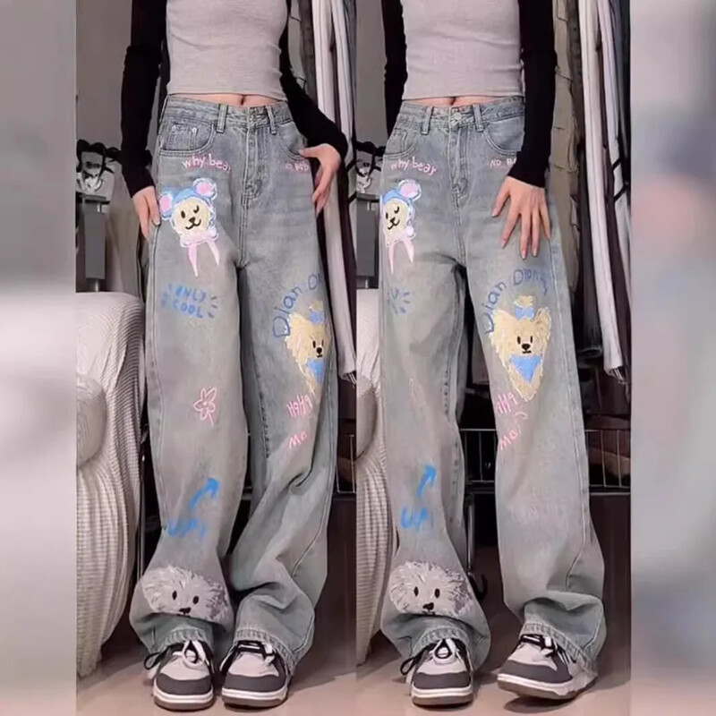 Trendikas Dog Doodle Printing Teksad Naiste avarad sirge säärega laia säärega püksid Originaalne rahvuslik stiil Tundlikkus