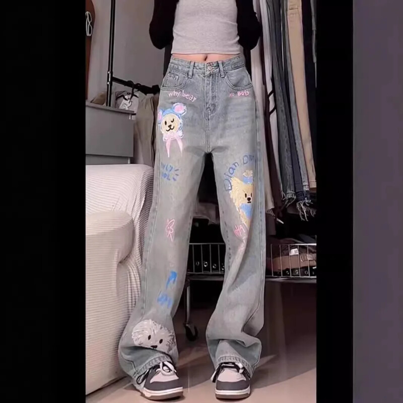 Trendikas Dog Doodle Printing Teksad Naiste avarad sirge säärega laia säärega püksid Originaalne rahvuslik stiil Tundlikkus