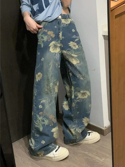 Vintage stiilis laia säärega teksad Naiste sügis/talv lilletrükk kõrge vöökohaga, pikendatud pikkusega tänaval lohisevad püksid