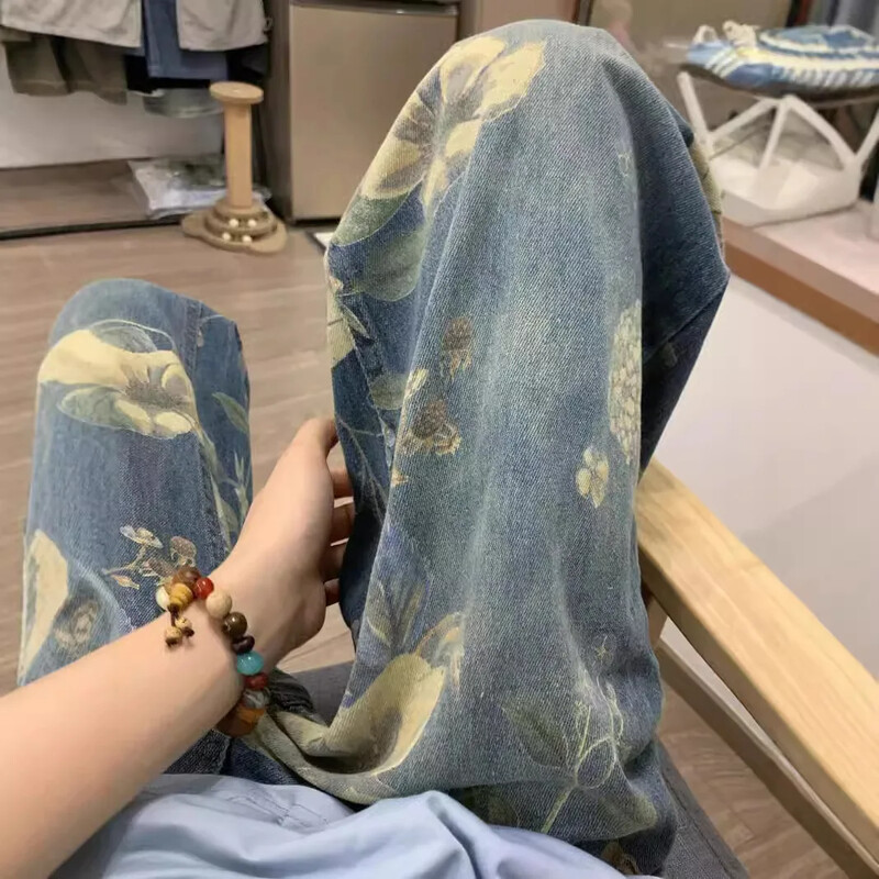 Vintage stiilis laia säärega teksad Naiste sügis/talv lilletrükk kõrge vöökohaga, pikendatud pikkusega tänaval lohisevad püksid