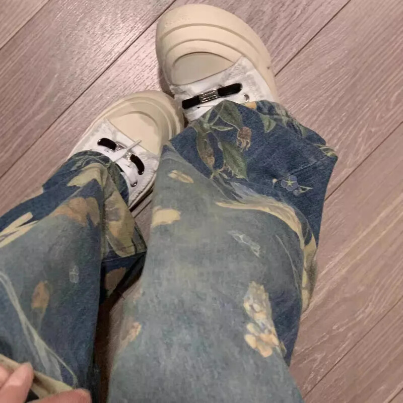 Vintage stiilis laia säärega teksad Naiste sügis/talv lilletrükk kõrge vöökohaga, pikendatud pikkusega tänaval lohisevad püksid