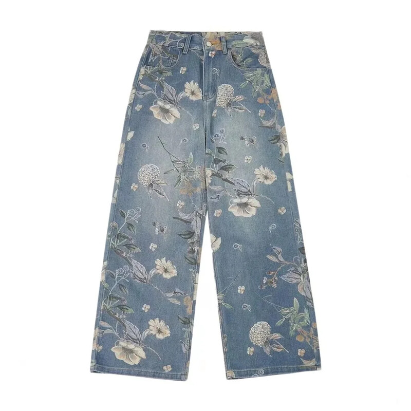 Vintage stiilis laia säärega teksad Naiste sügis/talv lilletrükk kõrge vöökohaga, pikendatud pikkusega tänaval lohisevad püksid