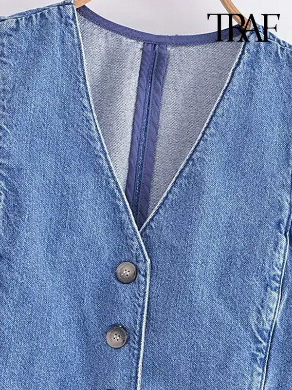 TRAF naiste moe nööbiga teksariidest vest, vintage V kaelus, varrukateta naiste pealisriided šikk vestiga topsid