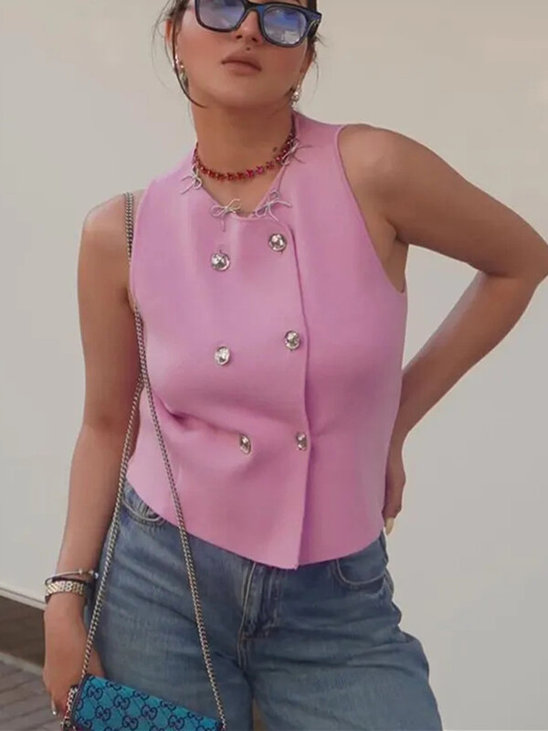 TRAF kootud varrukateta vest, naiselik, roosa, kootud, kärbitud vest, naiste 2024. aasta topeltrealine suvetop, uus lühikeste mantlitega