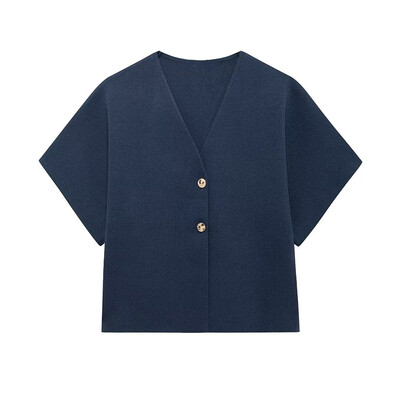 Vabaaja valged silmkoelised vestid naiste topid lühikeste varrukatega V-kaelusega kahe nööbiga vest 2024. aasta suvine sügismood Täiesti sobivad kudumid