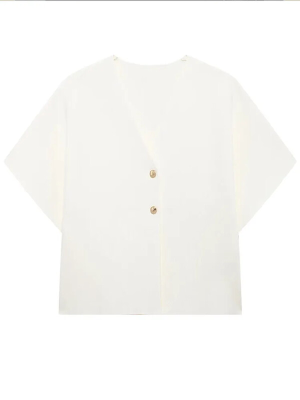 Vabaaja valged silmkoelised vestid naiste topid lühikeste varrukatega V-kaelusega kahe nööbiga vest 2024. aasta suvine sügismood Täiesti sobivad kudumid