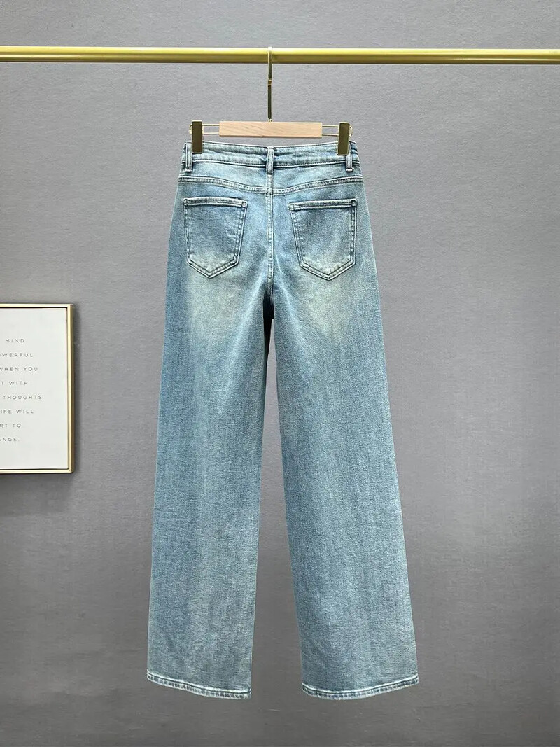 Kalnų krištolas XINGX pakabuko dizaino aukšto juosmens skalbimo džinsai, vasariniai, laisvi liekninantys ir puikiai tinkančios tiesios kelnės