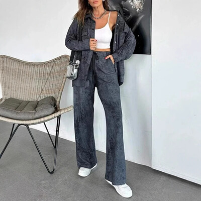 Vabaaja üherealise revääriga särgimantel ja nööriga püksikomplektid Retro ühevärvilised sügisülikonnad Naiste talvised pikkade varrukatega lahtised komplektid